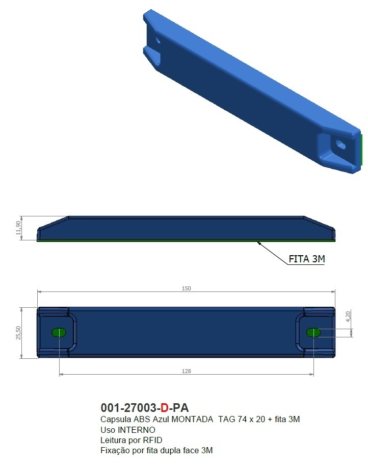 Capsula ABS Azul MONTADA  TAG 74 x 20 + fita 3M 
Uso INTERNO
Leitura por RFID
Fixação por fita dupla face 3M